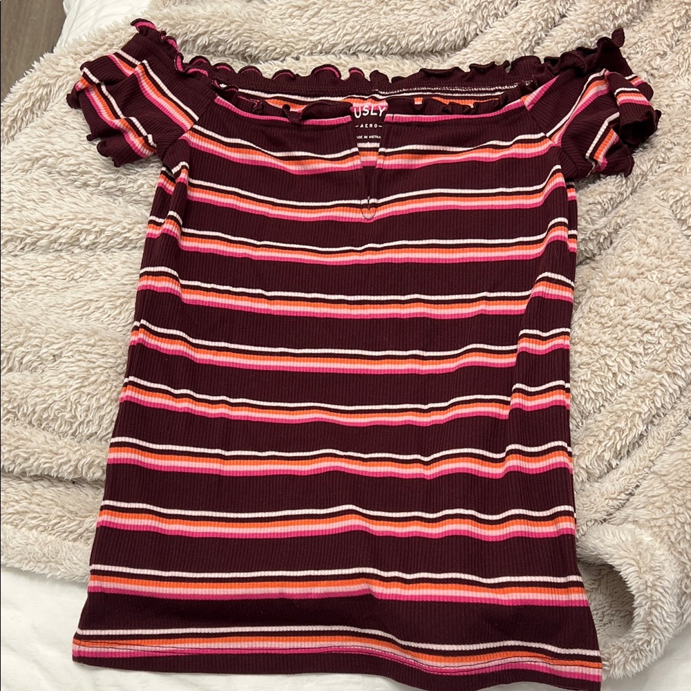 Aeropostale Women's Off-Shoulder Striped Top - Burgundy and Pink